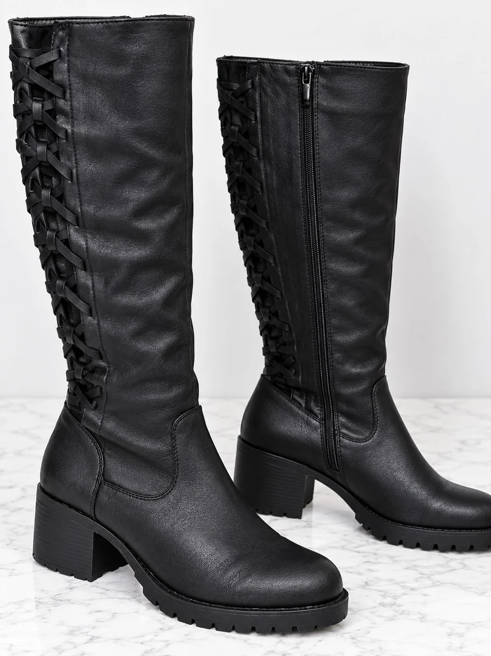 Torrid Size 12W Black Knee High Boots Woven Detail Chunky Heel
